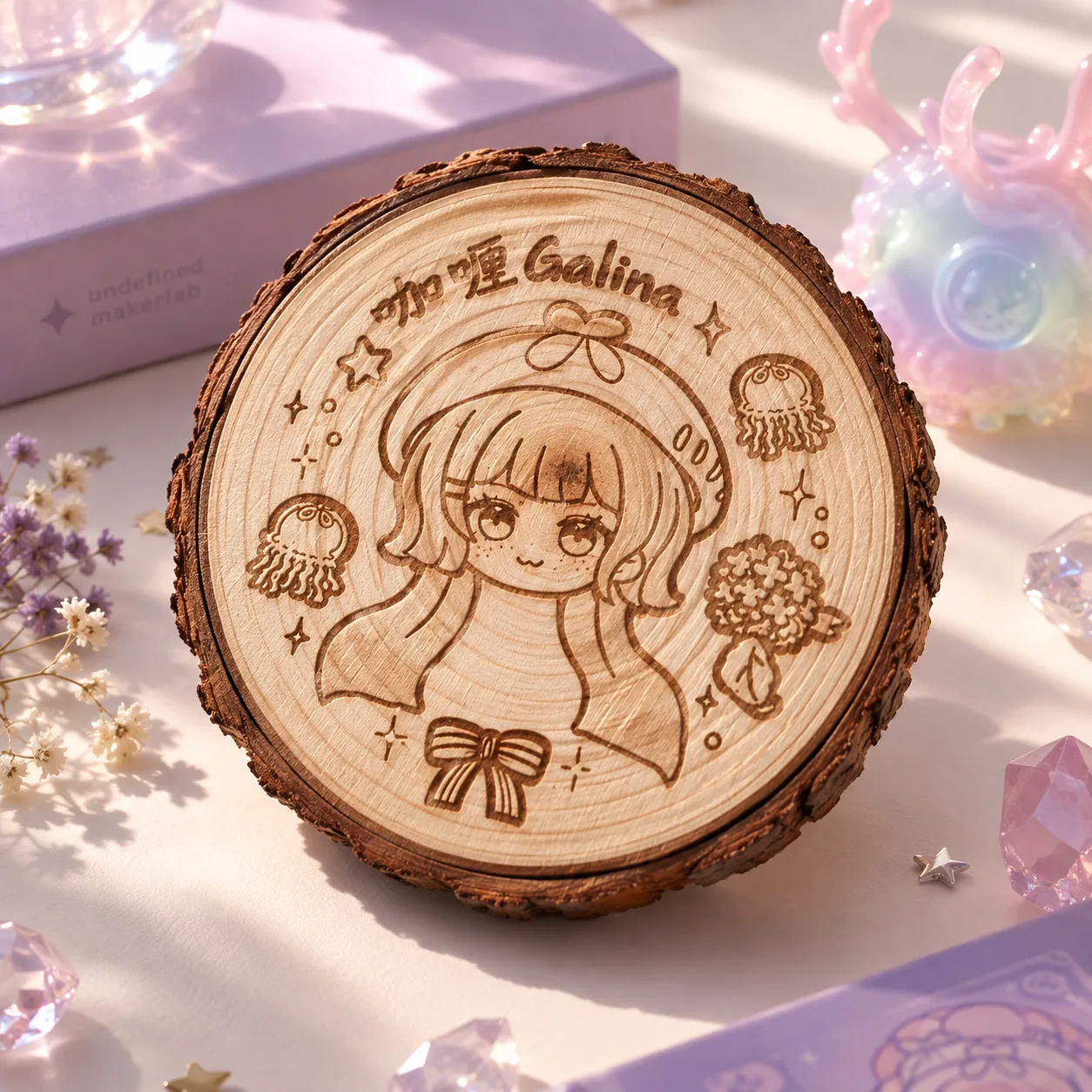 Laser engraved wooden coaster with custom illustration
